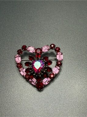 Vintage Pink & Red Heart Crystal Brooch #cz49
